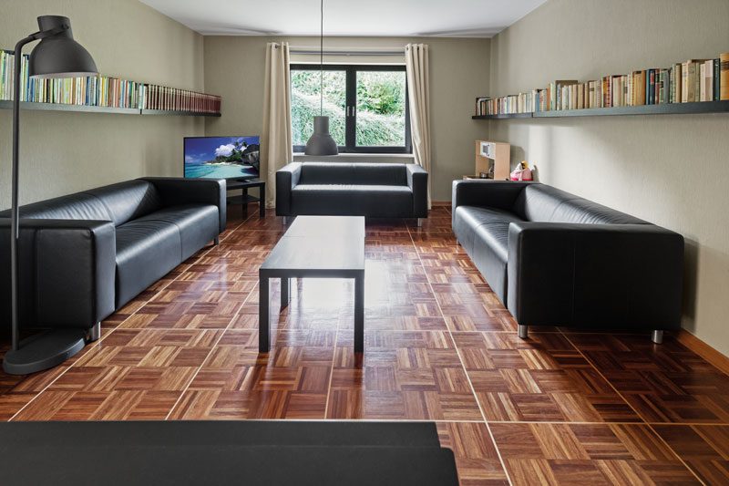 Gemütlicher Aufenthaltsraum mit Ledersofas, Bücherregal und Holzboden